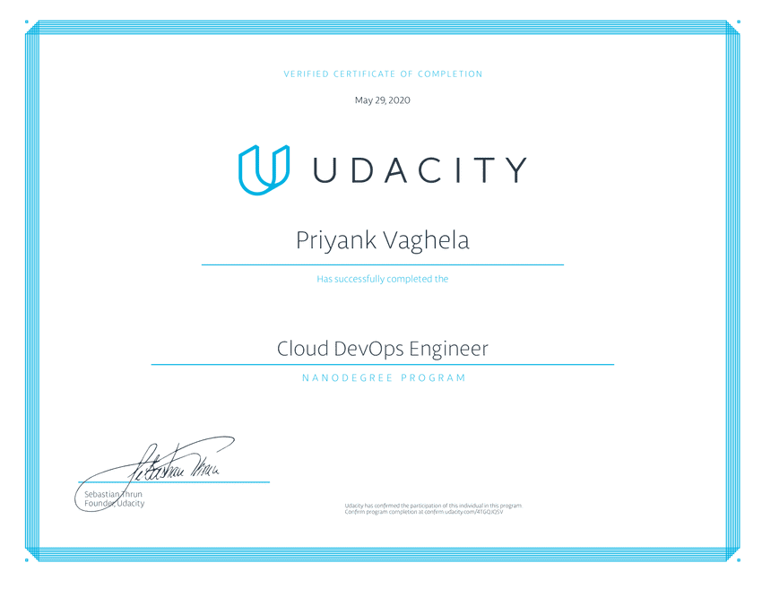 Udacity Cloud DevOps Engineer Nanodegree Certificate of Graduation